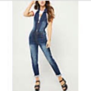 NEW Hotkiss lace up halter Stretch denim jumpsuit 6